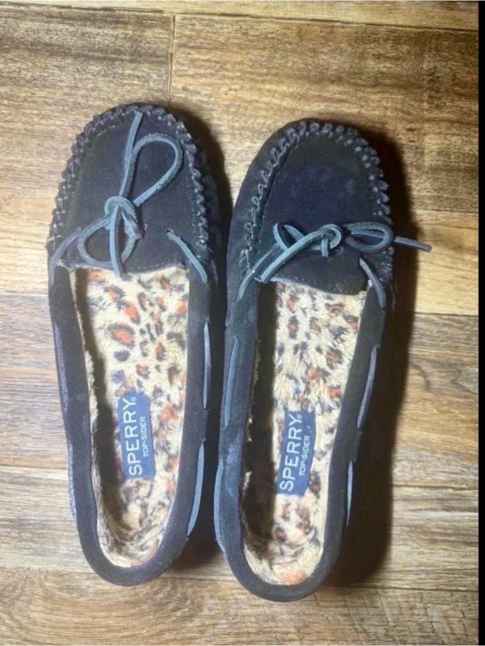 Sperry Black Suede Moccasin Slippers with Leopard-Print Lining